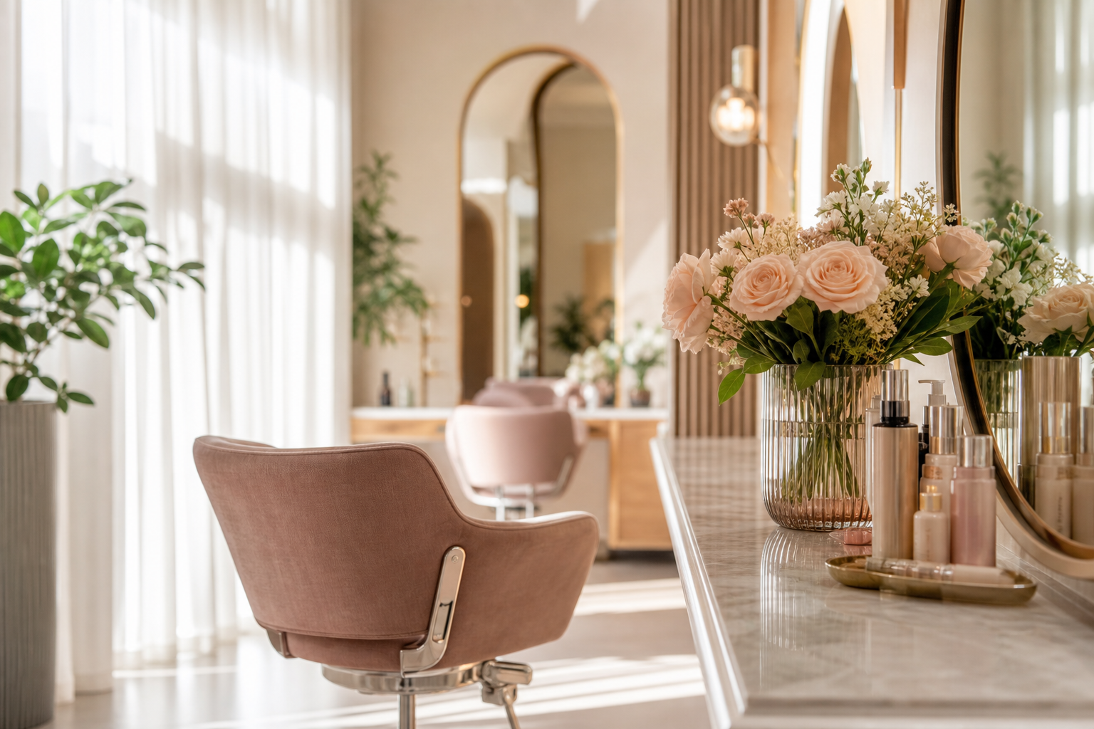 Bright, welcoming salon interior with warm natural light.